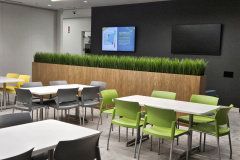 Short artificial grasses direct traffic in this Brampton office café